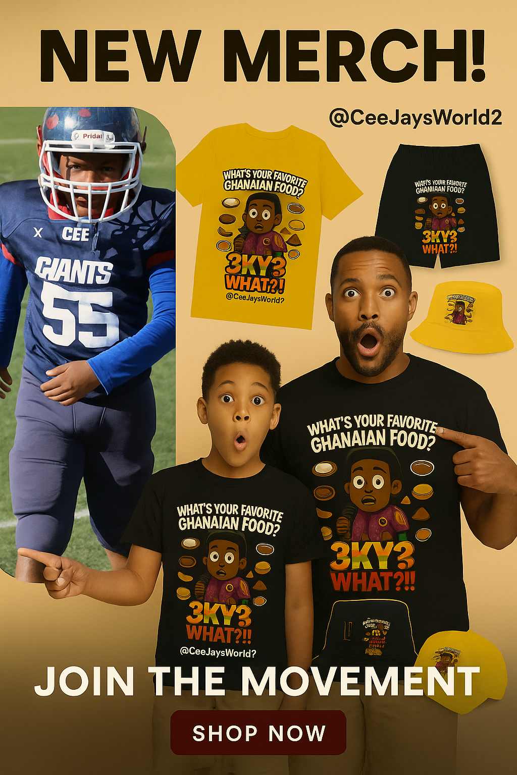 CeeJaysWorld2 merch banner — Kente-themed shirts, hats, and shorts with 3KY3 slogan